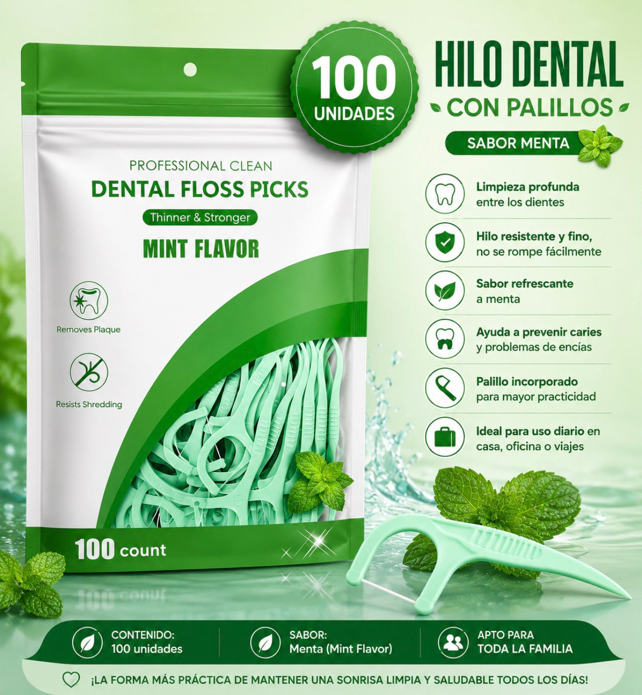 Baño Hilo dental con palillos – Sabor menta 100 unidades. 🦷✨