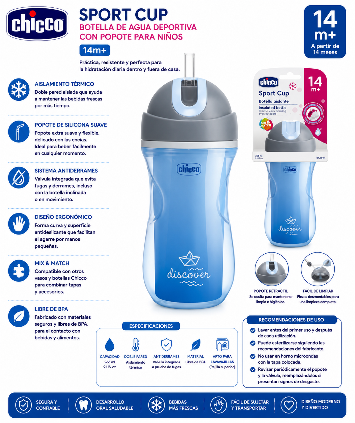 Chicco Insulated Bottle Sport Cup 266ml 14M+ Azul – 6991-20