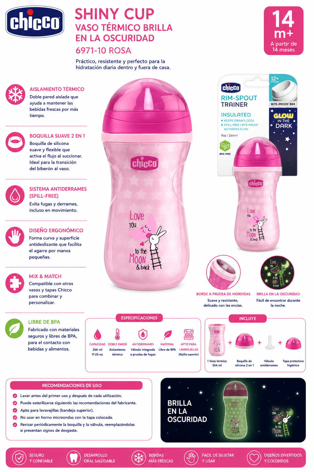Chicco Vaso Térmico Brilla en La Oscuridad Color Rosa 14M+ 6971-10