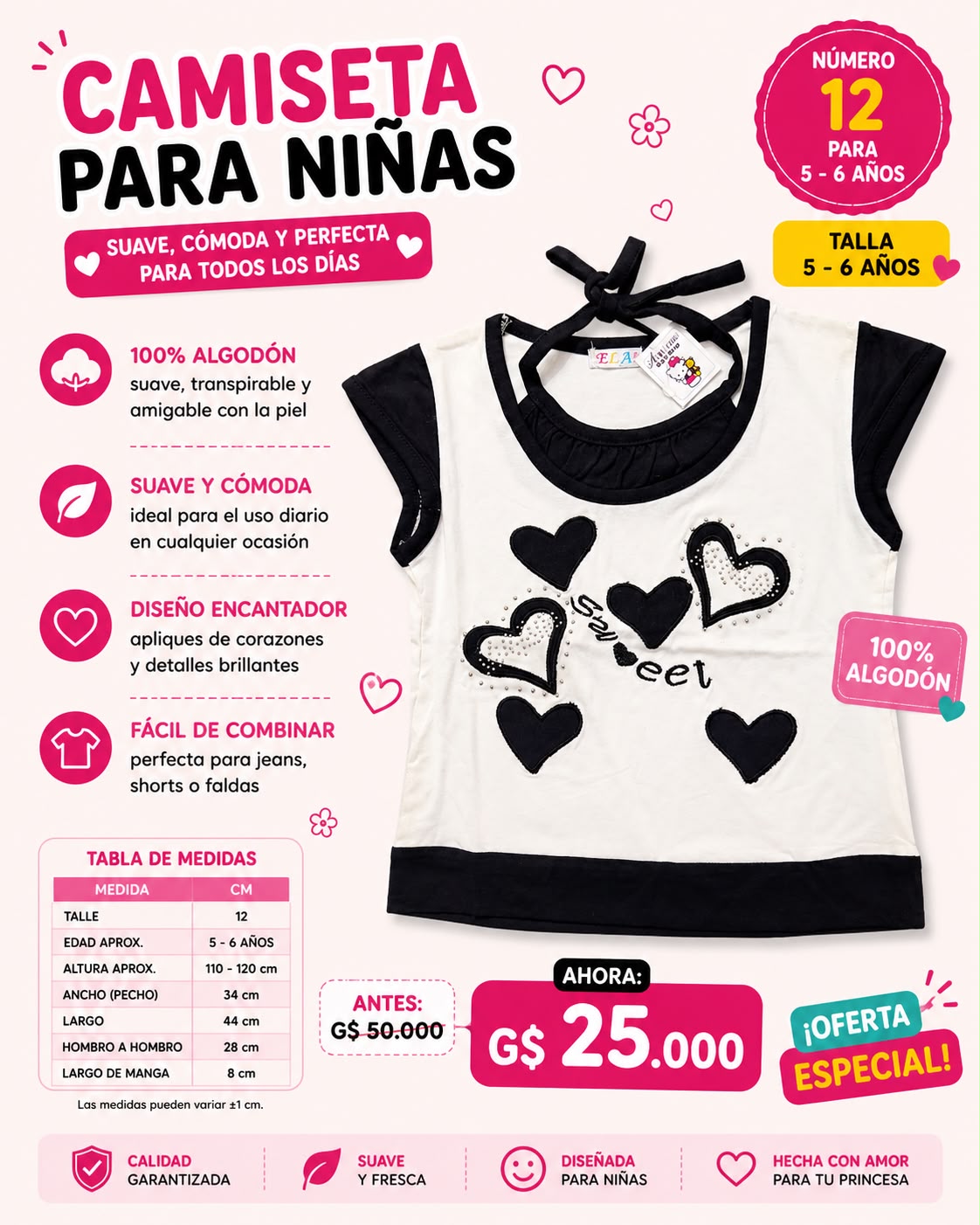 Ropa Infantil ✨ Camiseta Para Niñas 100% Algodón 🖤