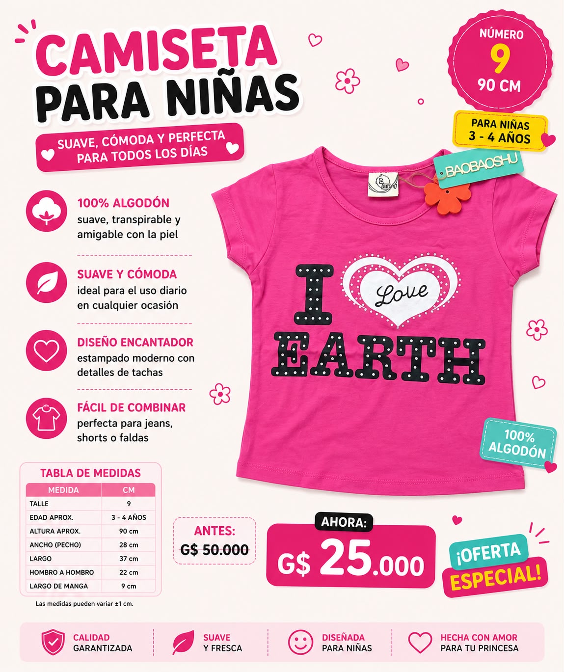 Ropa Infantil ✨ Camiseta Para Niñas 100% Algodón 🩷