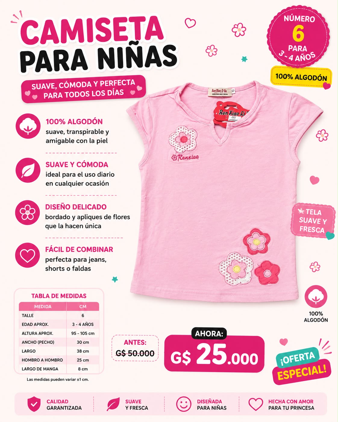 Ropa Infantil ✨ Camiseta Para Niñas 100% Algodón 🩷
