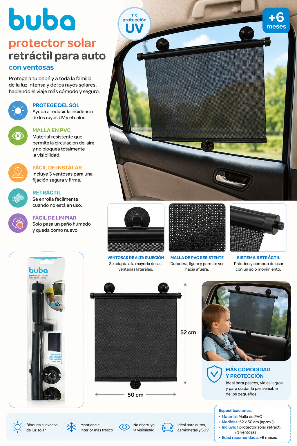 Buba Protector Solar Retráctil para Auto con Ventosas – PVC | BUB14462 ☀️🚗💚