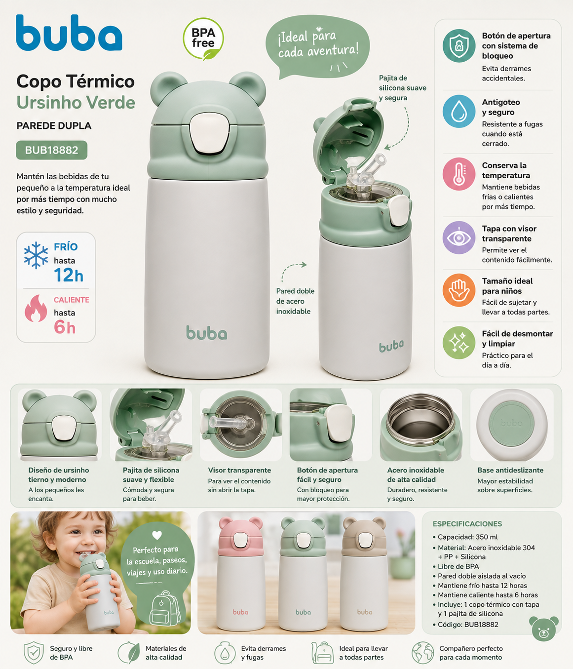 Buba Copo Térmico Parede Dupla Ursinho Verde – BUB18882💚