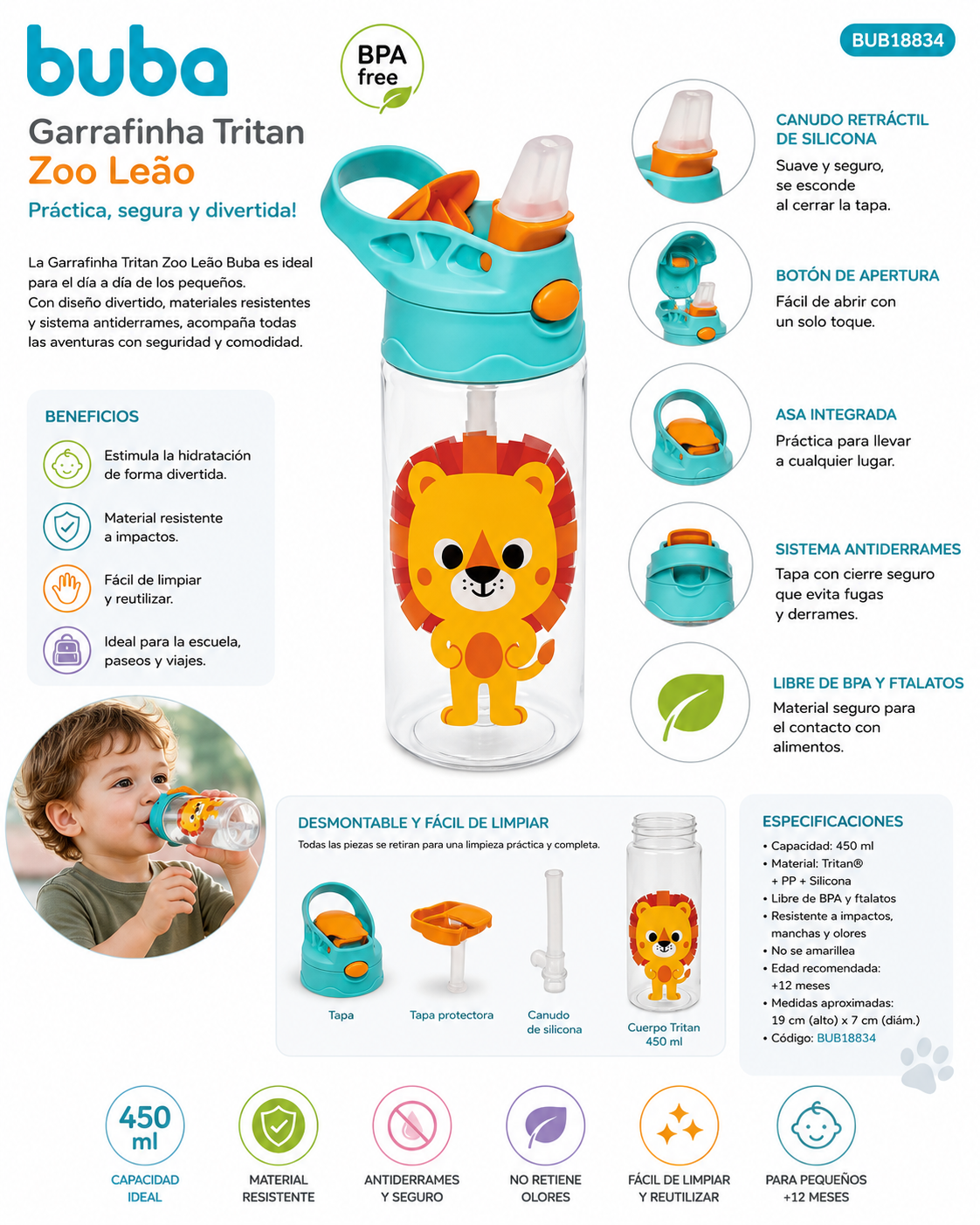Buba Garrafinha Tritan Zoo León 450ml 12m+ BUB18834 🦁💧