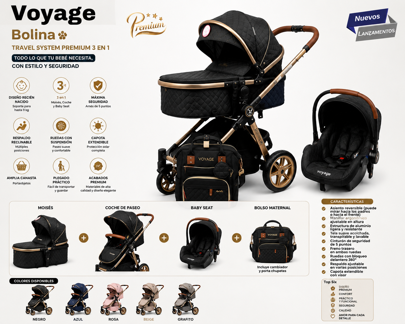 Voyage Bolina Carrito & Moises Baby Stroller Travel System Premium 3en1 Color Negro ✨.
¡Elegancia, confort y funcionalidad desde el nacimiento! 💙🩷