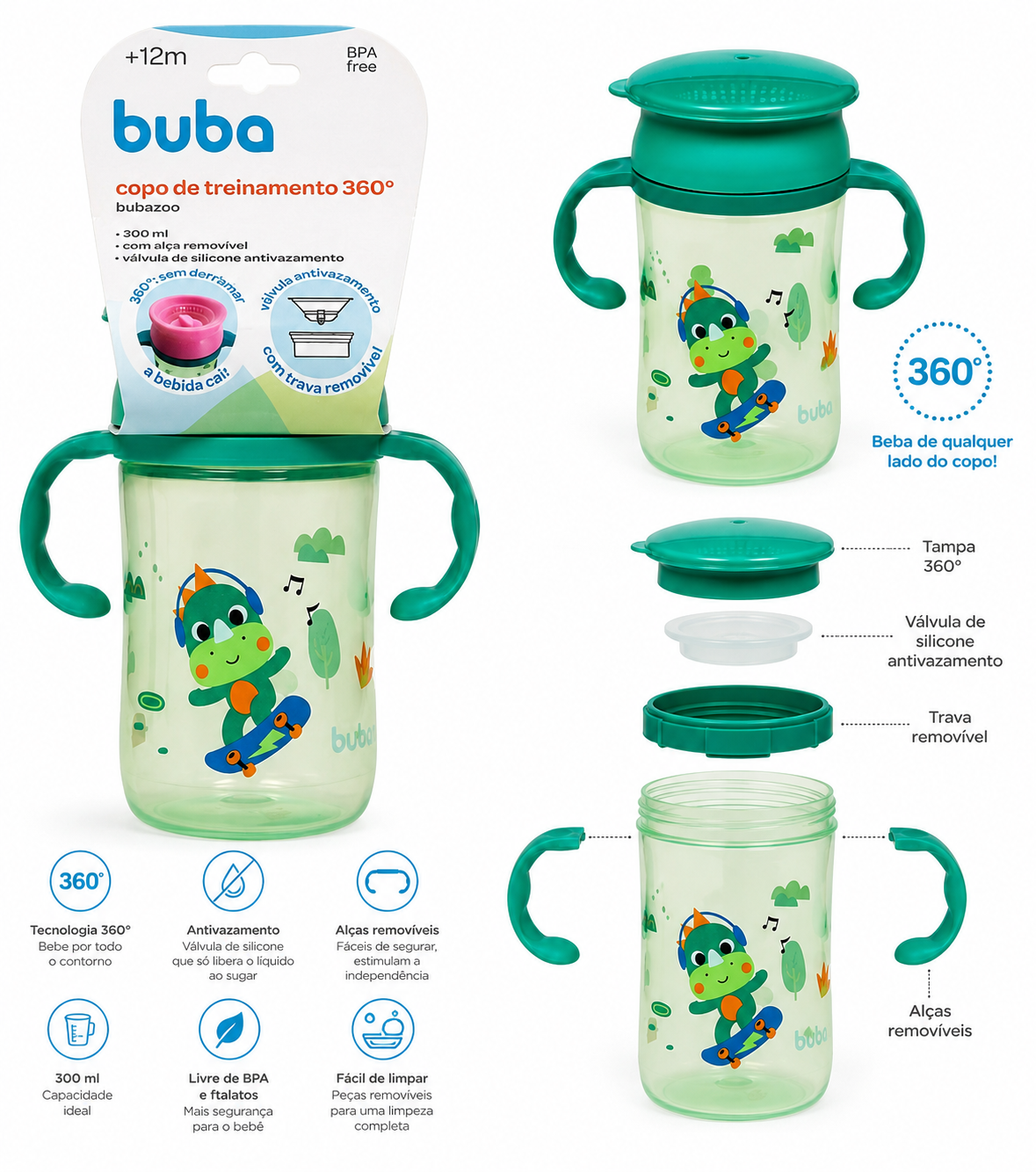 Buba Copo de Entrenamiento 360° Zoo Dino 300ml – BUB17006 🦖💚