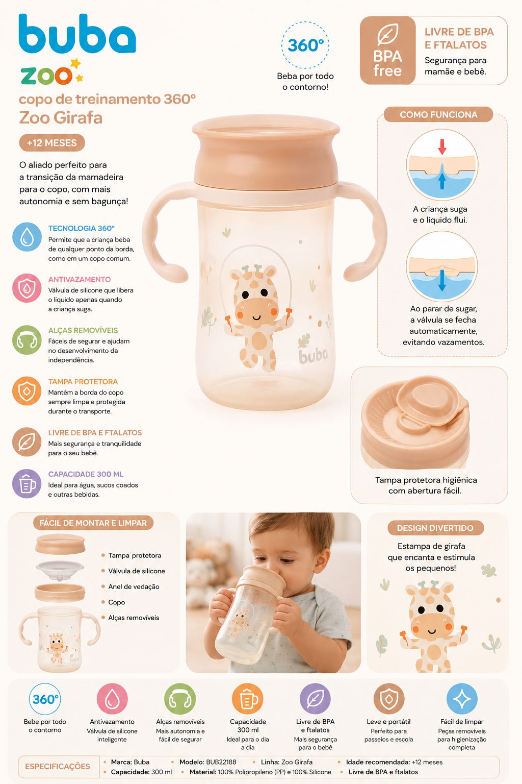 Buba Vaso de Entrenamiento 360° Zoo Jirafa 300 ml +12M – BUB22188 🦒💚