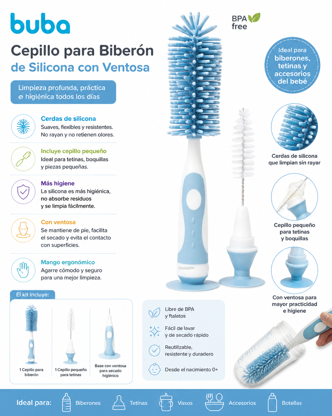 BUBA Cepillo para Biberón de Silicona con Ventosa Azul – BUB16275