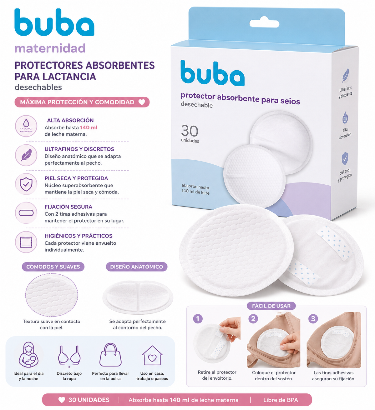 Buba Maternidad Protectores Absorbentes Desechables para Lactancia 30 Unidades BUB18539 💚