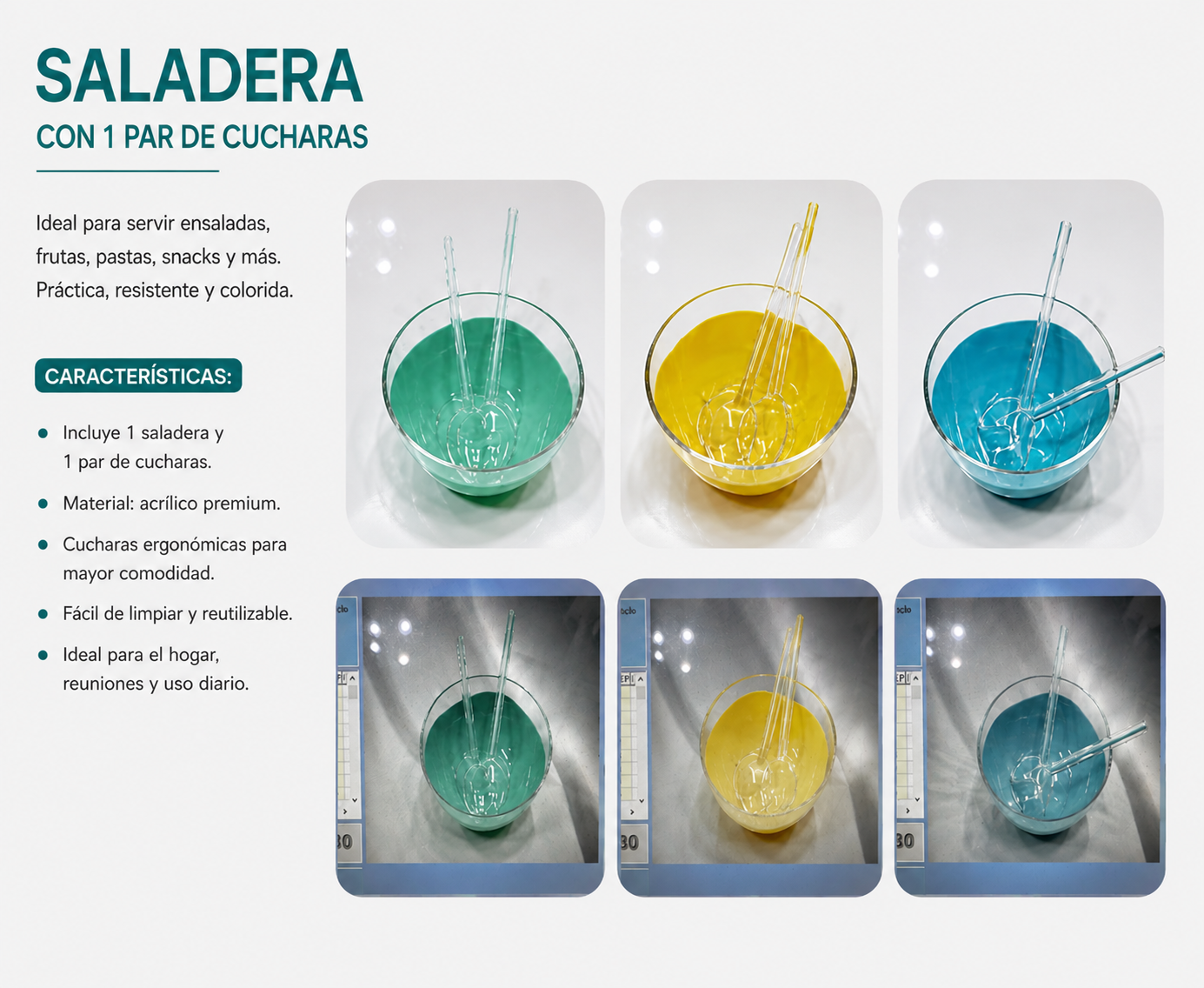 Cocina ✨ Acrílico Premium Saladera con 1 Par de Cucharas ✨
🟢 17661 – Verde
🟡 17662 – Amarillo
🔵 17663 – Azul