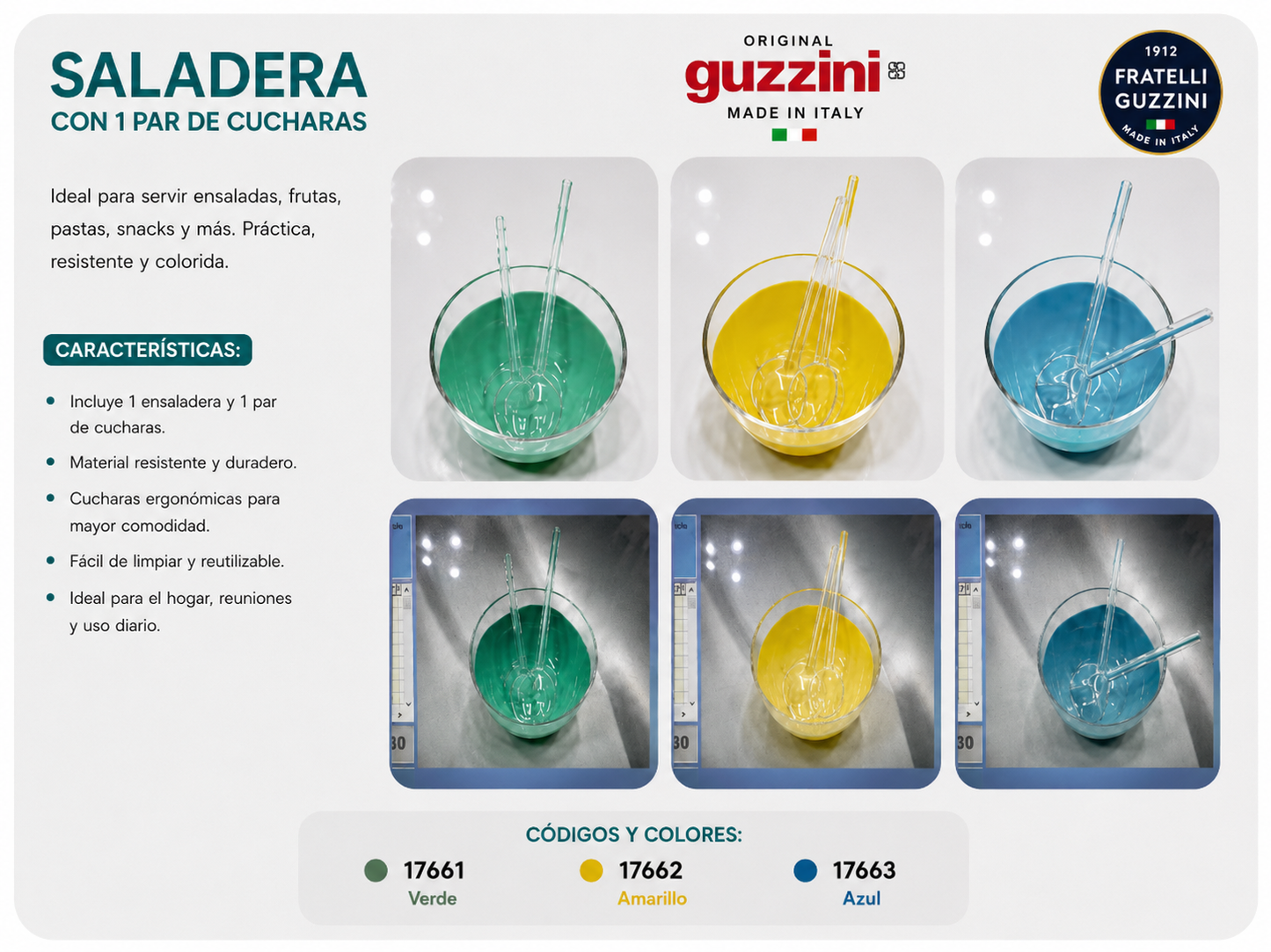 Cocina ✨ Fratelli Guzzini Acrílico Premium Saladera con 1 Par de Cucharas -✨
🟢 17661 – Verde
🟡 17662 – Amarillo
🔵 17663 – Azul