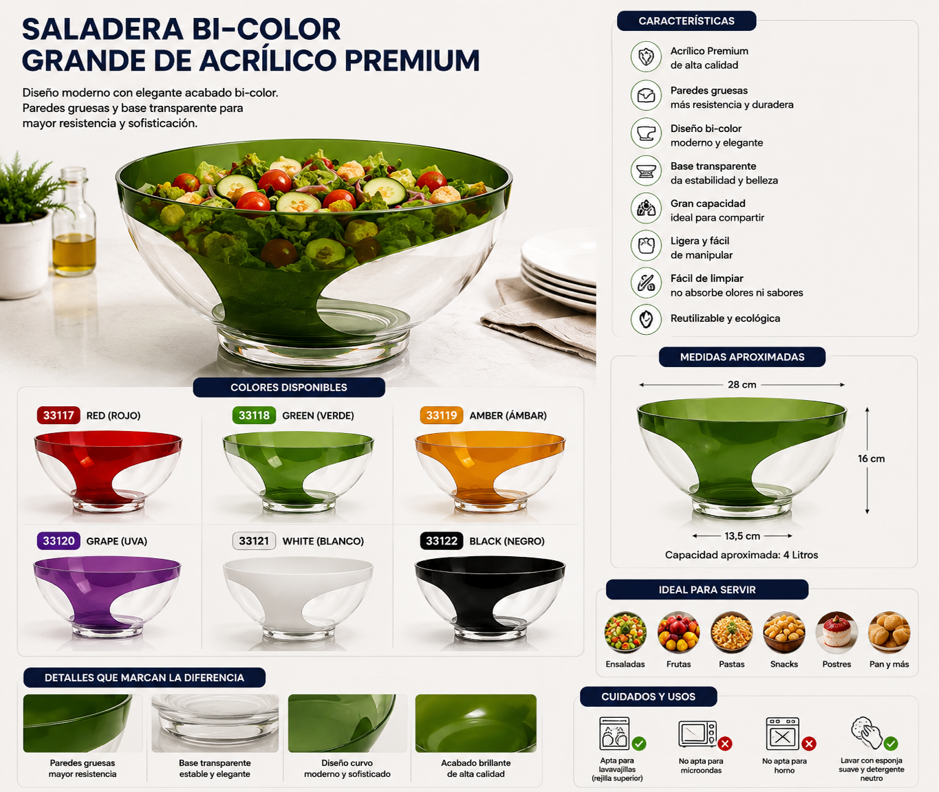 Cocina✨ Saladera Bi-Color Grande de Acrílico Premium - 6 Colores Disponibles 🧡🖤💚❤️💜🤍