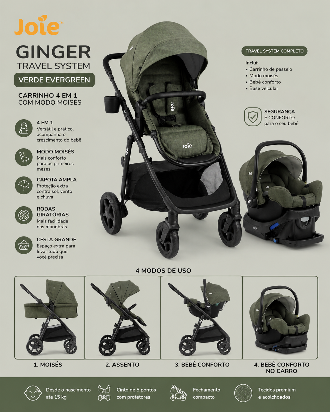 🌿 Joie Ginger™ Travel System 4en1 – Moises Verde Evergreen 💛