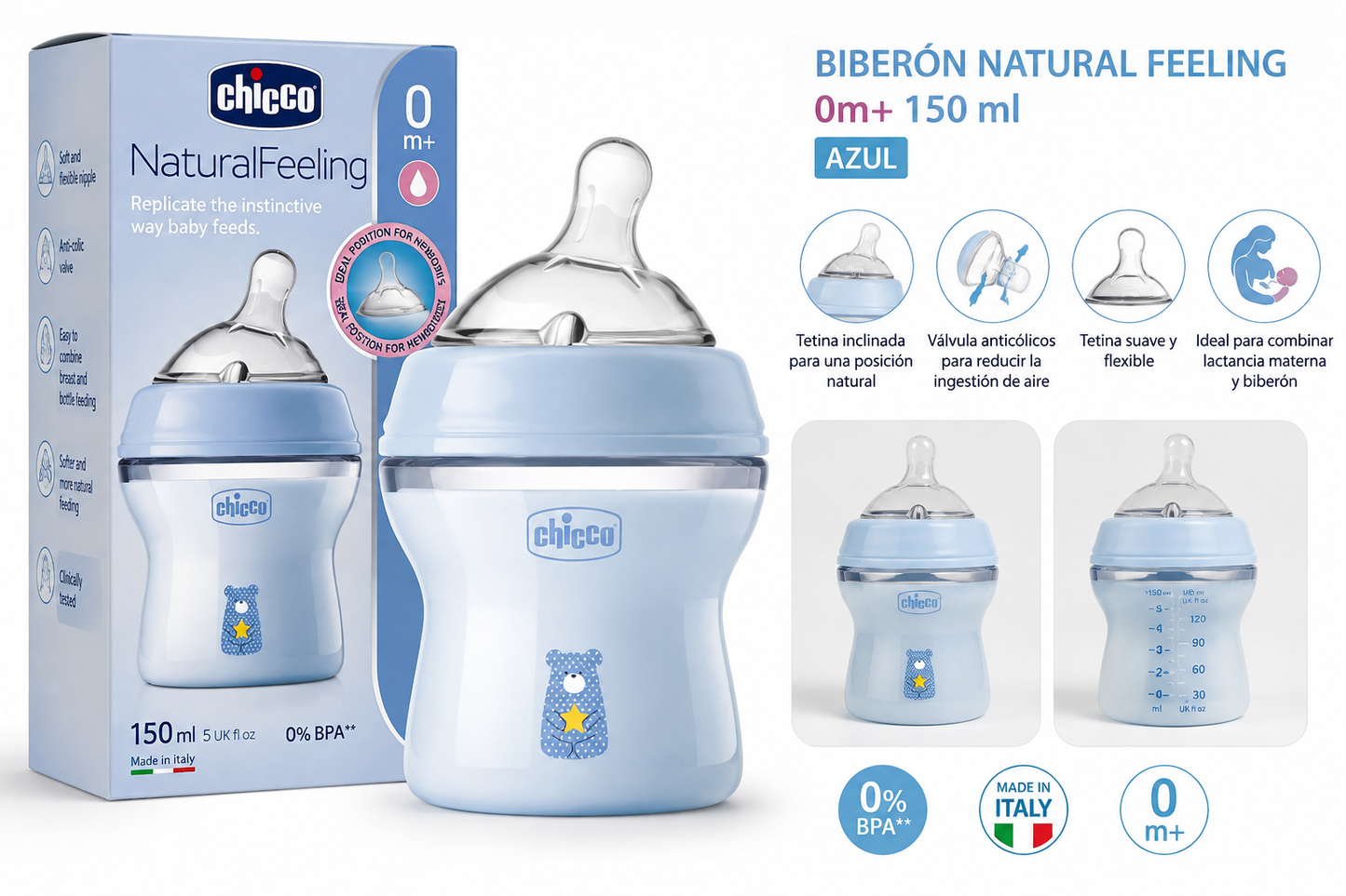 Chicco Biberón Natural Feeling 150 ml Azul 0m+ 81311-20 153626💚