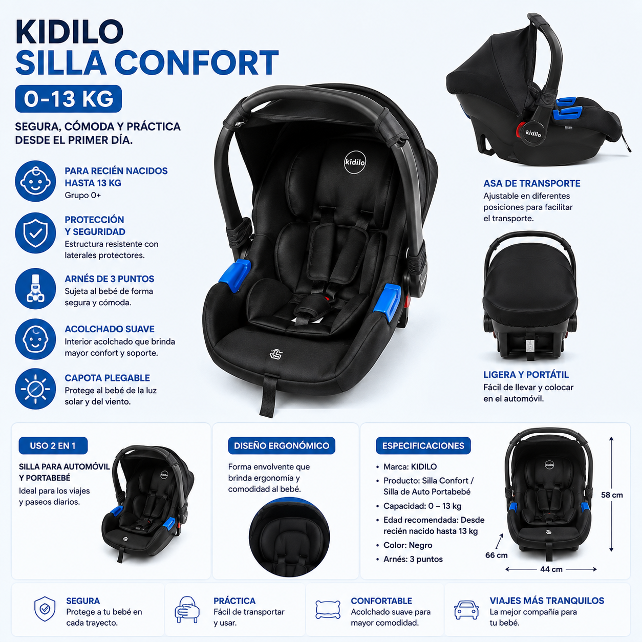 Kidilo Silla Confort / Porta Bebé 0–13 Kg