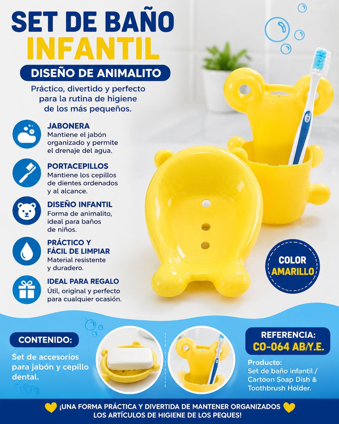 Jabonera para baño infantil con diseño de animalito – Amarillo CO-064 AB/Y.E 💛