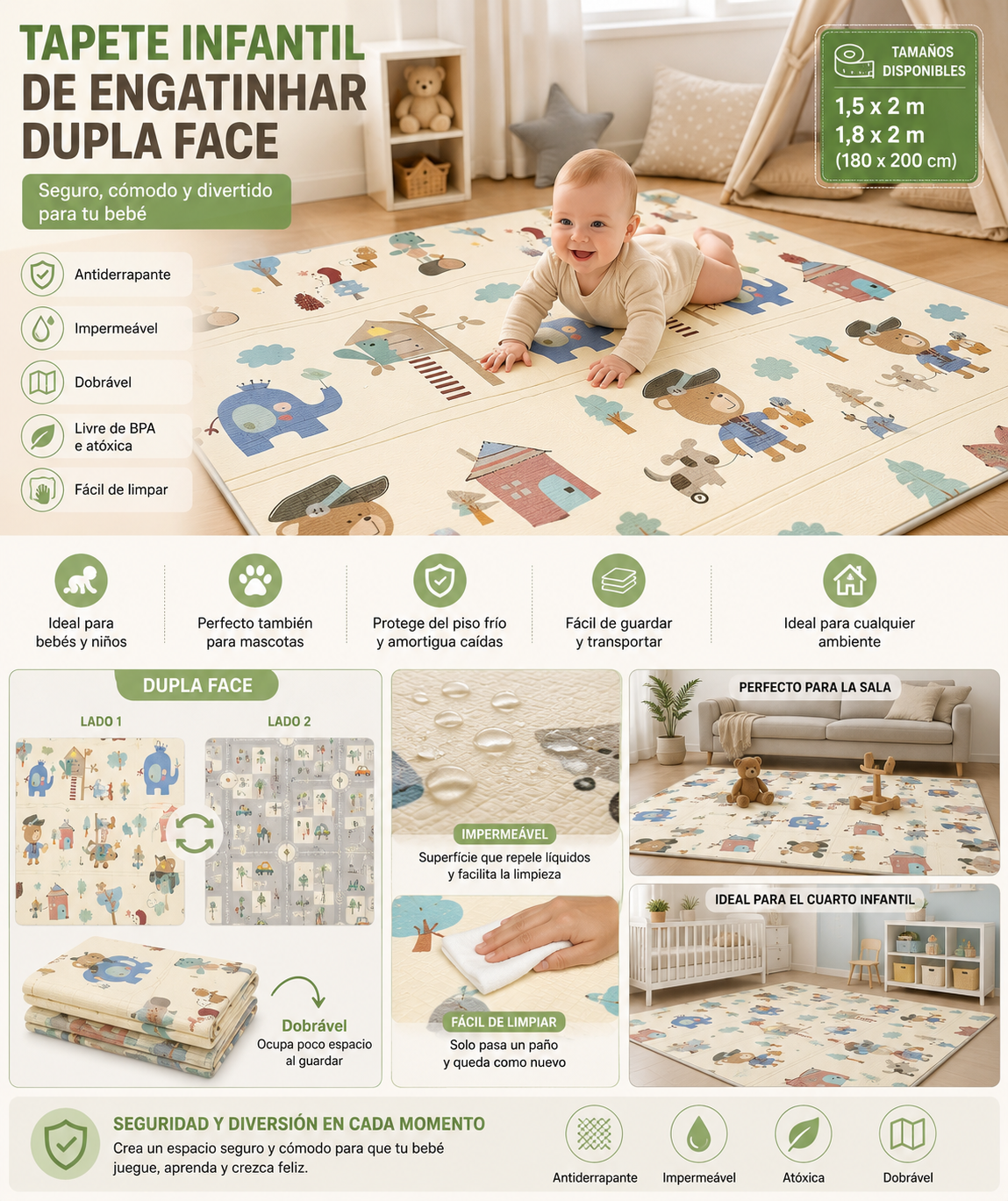 🧸 Tapete Infantil de Engatinhar Dupla Face (180 × 200 cm) 💚