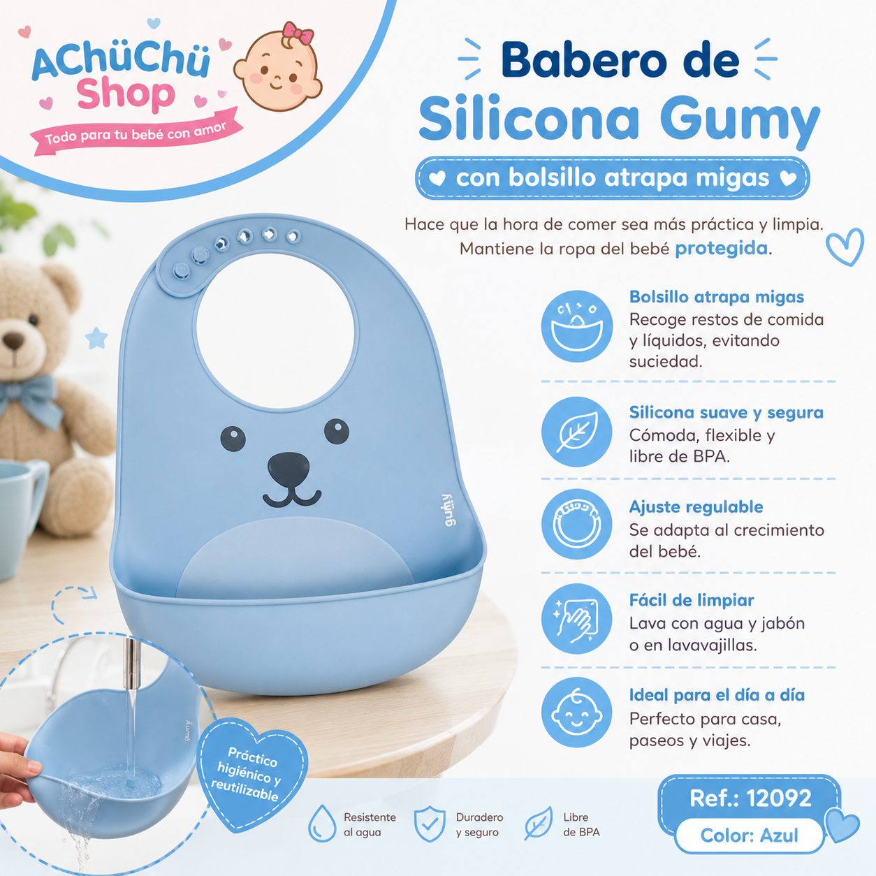 💚 Babero de Silicona con Atrapa Migas Gumy Azul BUB12092 Rosa BUB12093