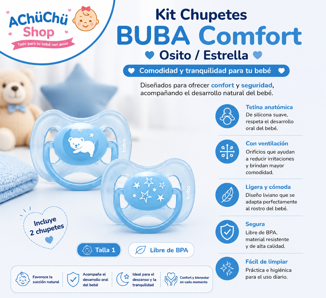 BUBA Kit de Chupetes Comfort Osito/Estrella Talla 1 de 0-6m - Azul BUB12657 - Rosa BUB12658 🩷