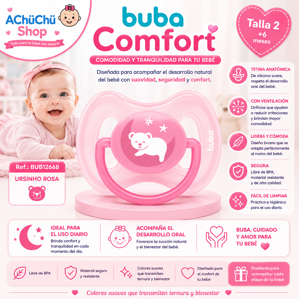 💚 BUBA Chupete Comfort Osito Talla 2 (6-12m) Azul BUB12667 - Rosa BUB12668