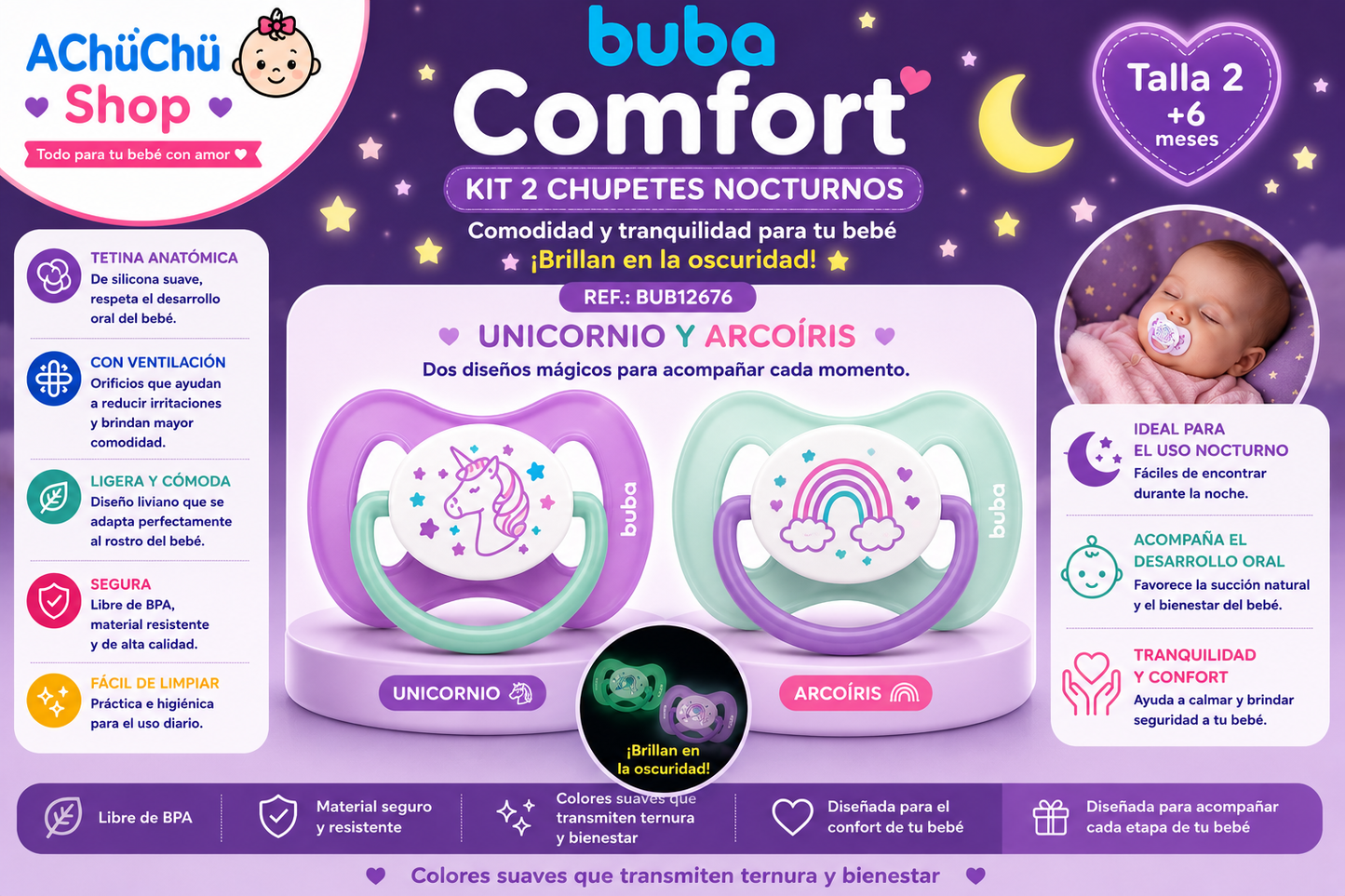 BUBA Kit de 2 Chupetes Comfort Nocturnos Talla 2 (6-12m) Cohete y Estrella BUB12675 - Unicornio y Arcoíris BUB12676 🩵🩷