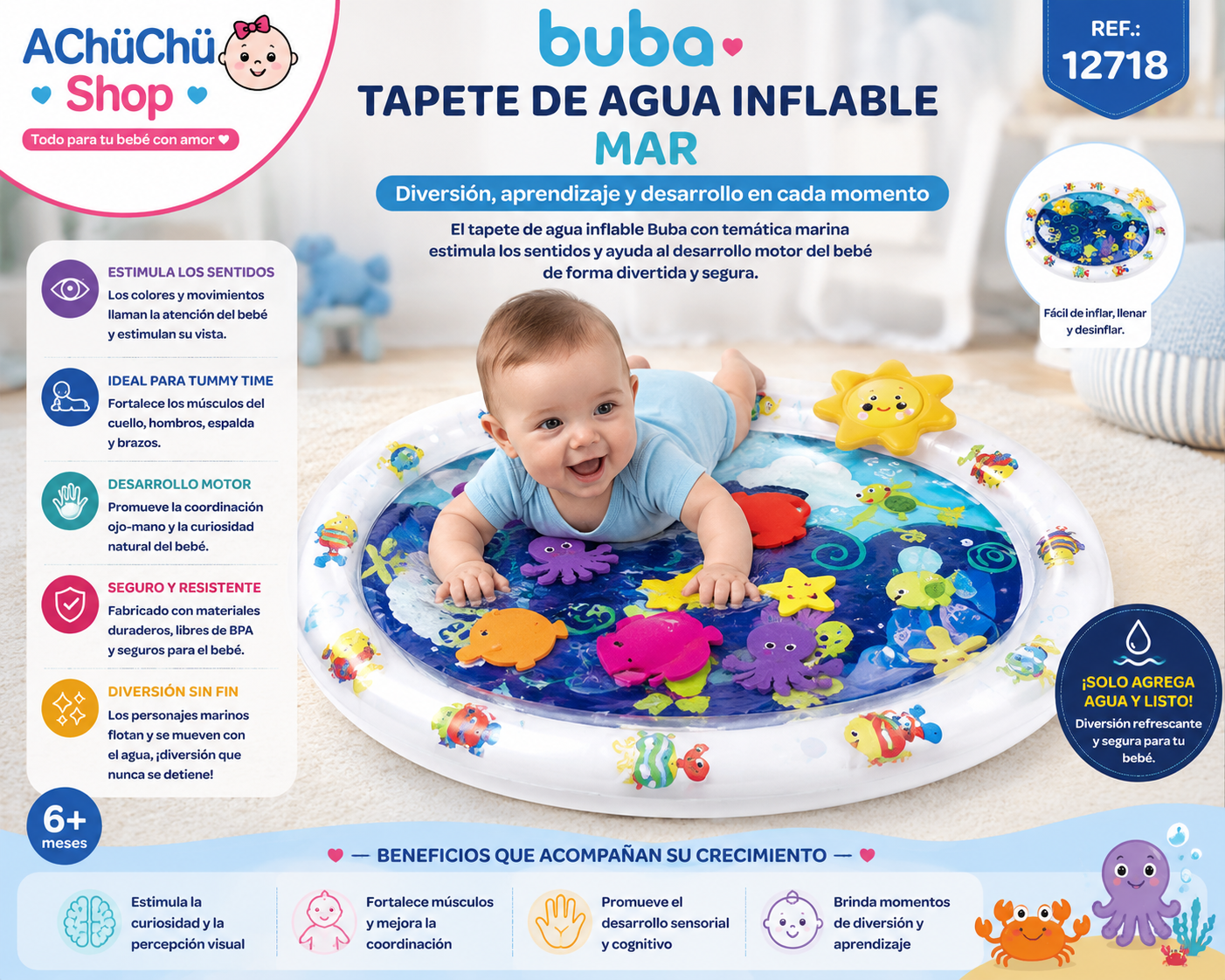 💚 BUBA Tapete de Agua Inflable – Mundo Marino BUB12718