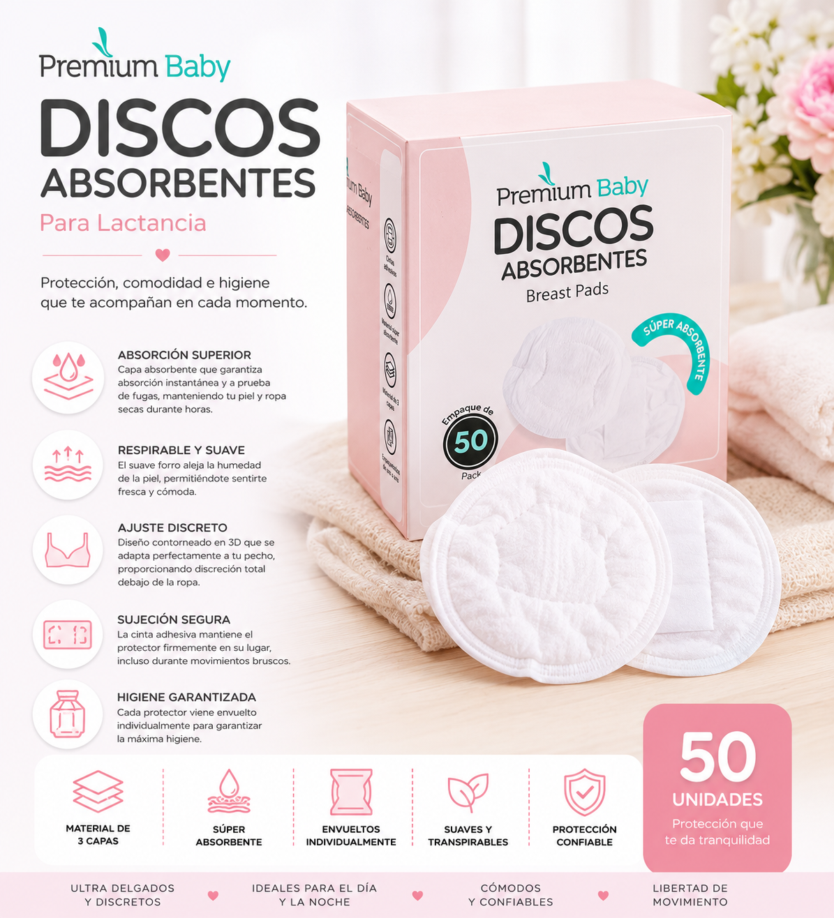 Premium Baby Discos Absorbentes para Lactancia PB-L501 x50 💚