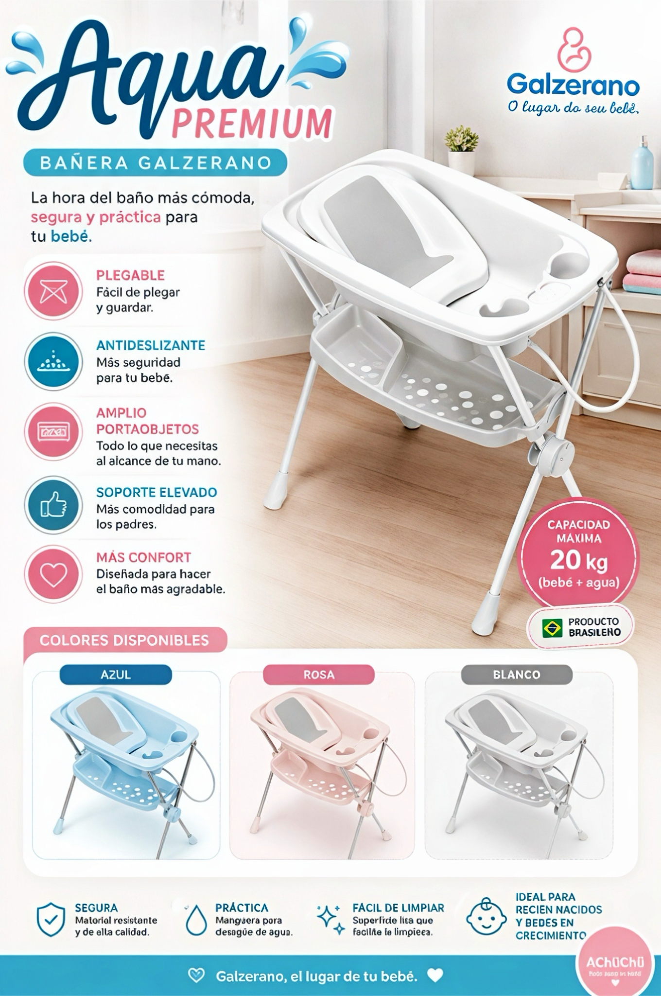 Galzerano Bañera Premium Aqua – Comodidad y Seguridad para tu Bebé 🛁 🤍🩷💙💛