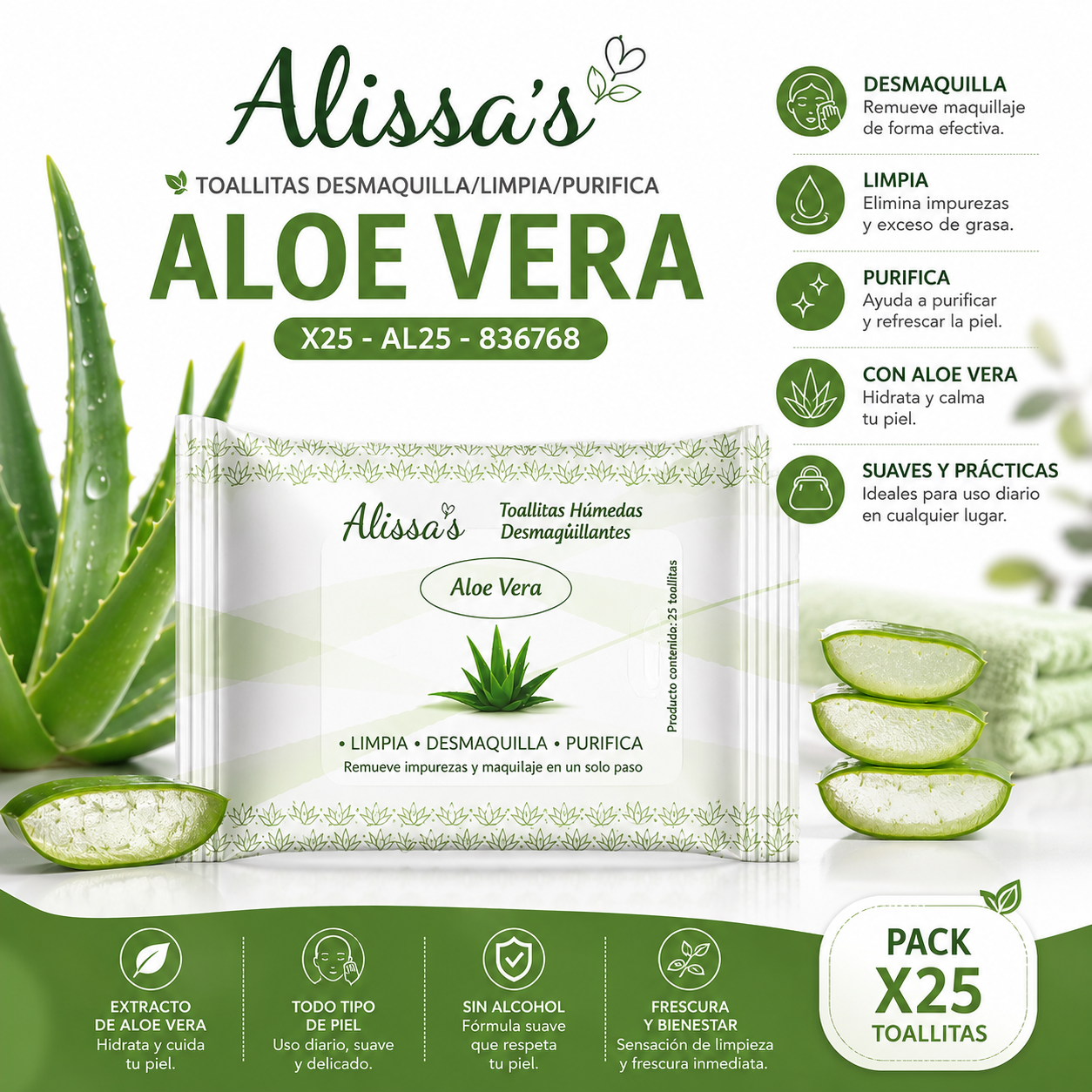 Alissa’s Toallitas Desmaquillantes Aloe Vera x25 Unidades - AL25 - 836768 🌿