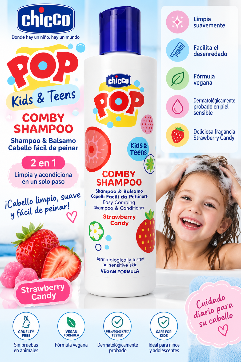 🍓 Chicco POP Comby Shampoo – Strawberry Candy | Kids & Teens