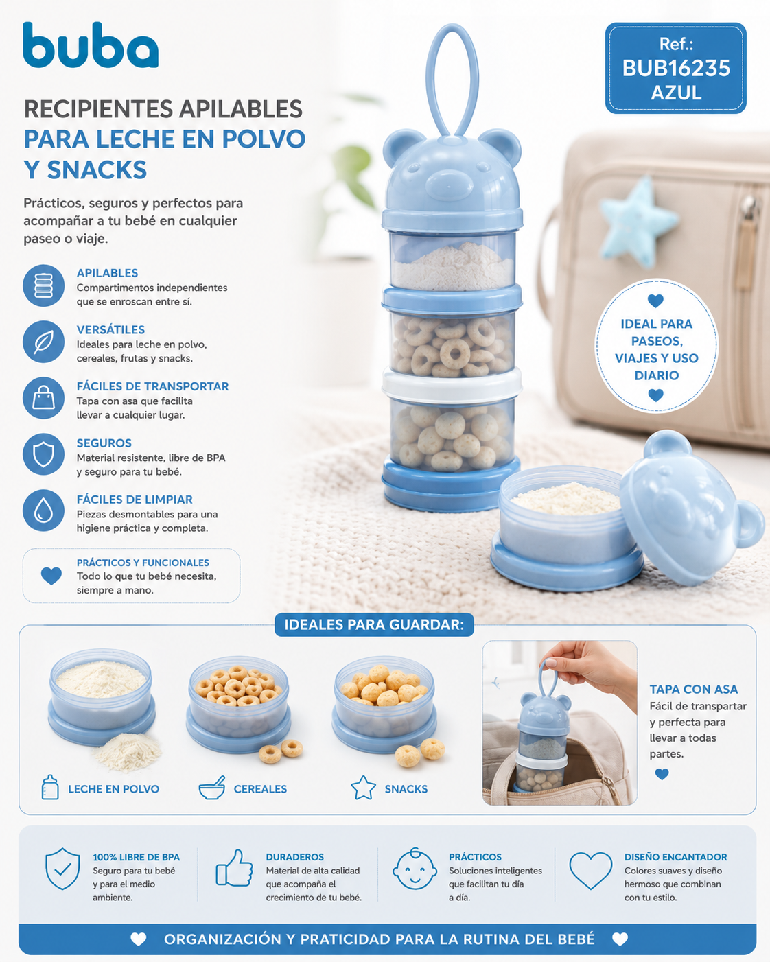 Buba Recipientes Apilables para Leche en Polvo y Snacks –
BUB16234 – Rosa
BUB16235 – Azul 💚