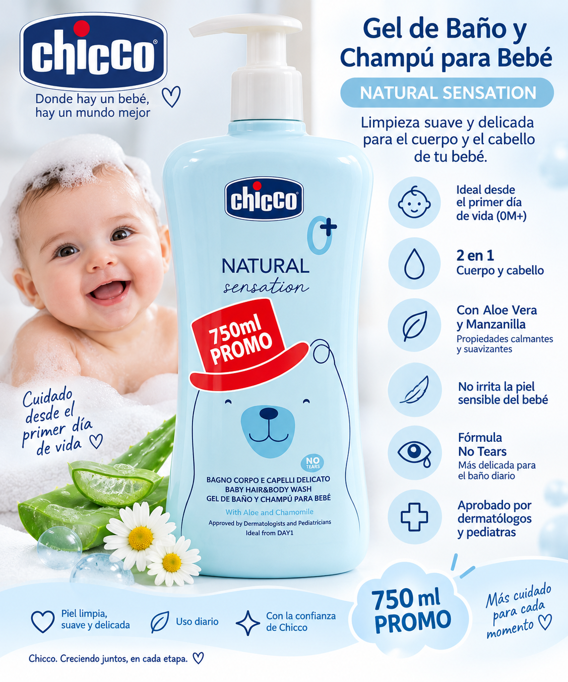 ✨ CHICCO Natural Sensation – Gel de Baño y Champú para Bebé 750 ml - 11530-75 / 4188994 🩵🩷