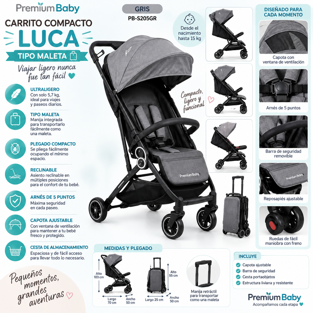 New ✨Premium Baby Carrito Compacto Luca Tipo Maleta 5,7 kg - Gris PB-S205GR - 2097490 💛