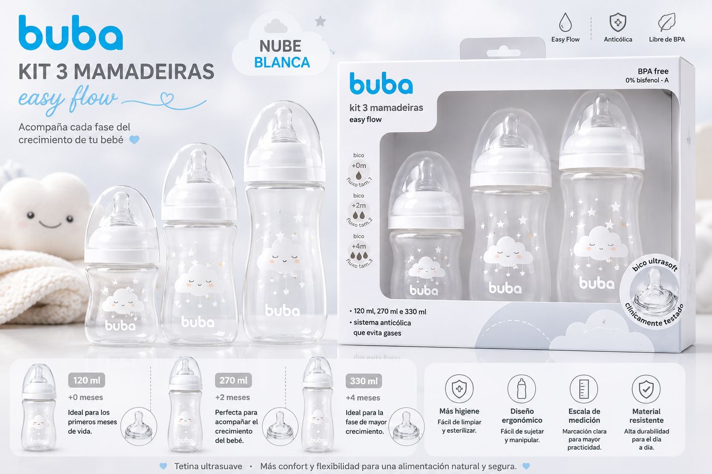Buba Kit 3 Biberón Easy Flow 120 ml + 270 ml + 330 ml Nube Rosa – BUB20988 Nube Azul – BUB20989 Nube Blanca – BUB20990