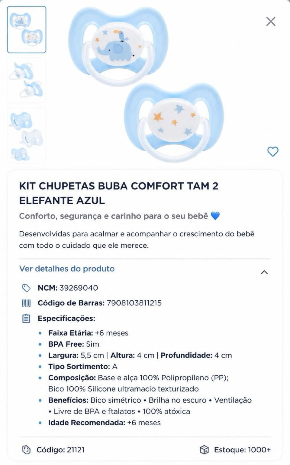 Buba Kit de Chupetas Buba Comfort Tam. 2 Elefante Azul 💚
👶 A partir de 6 meses BUB21121
