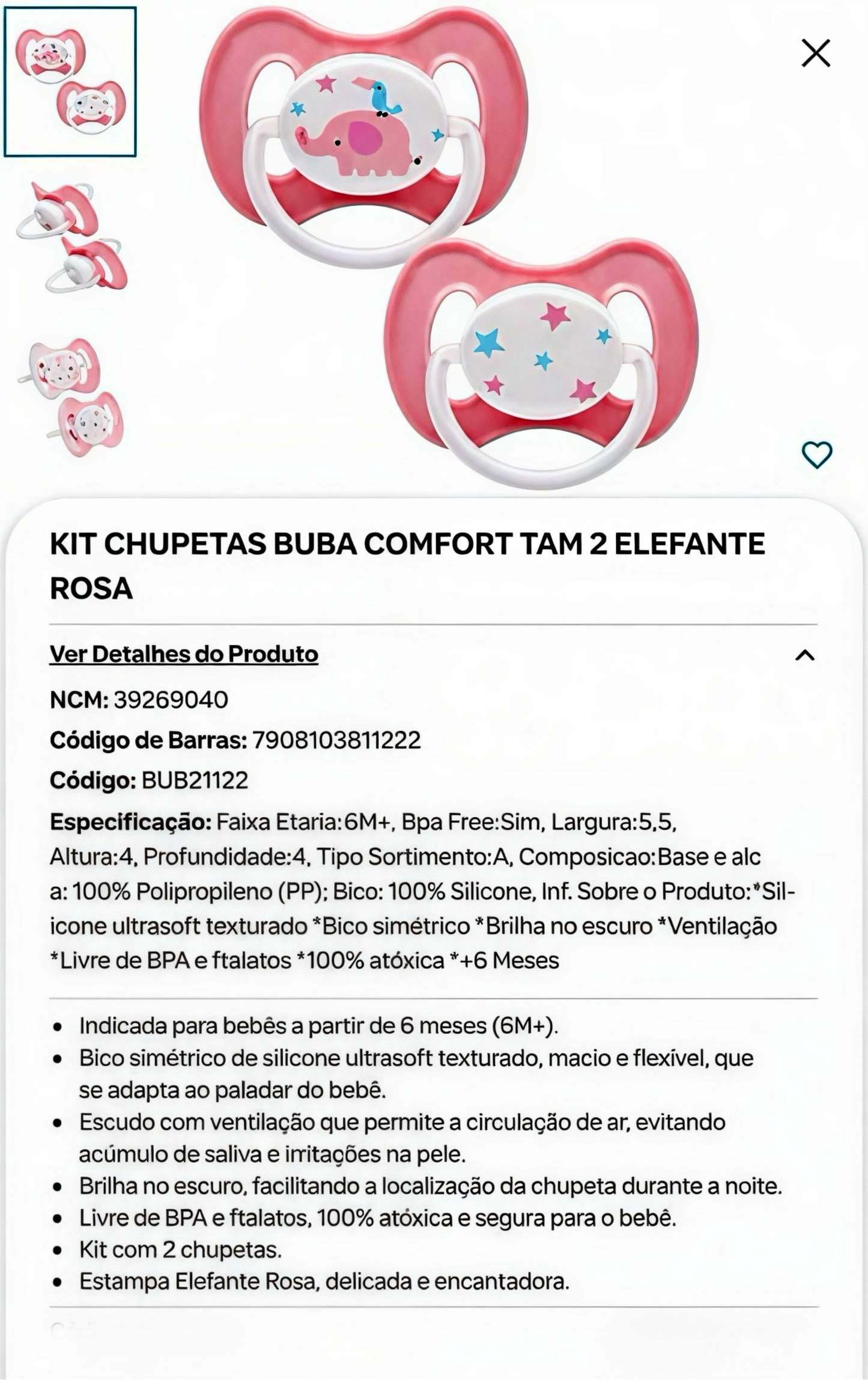 Buba Kit de Chupetas Buba Comfort Tam. 2 Elefante Rosa BUB21122 💚 👶 A partir de 6 meses