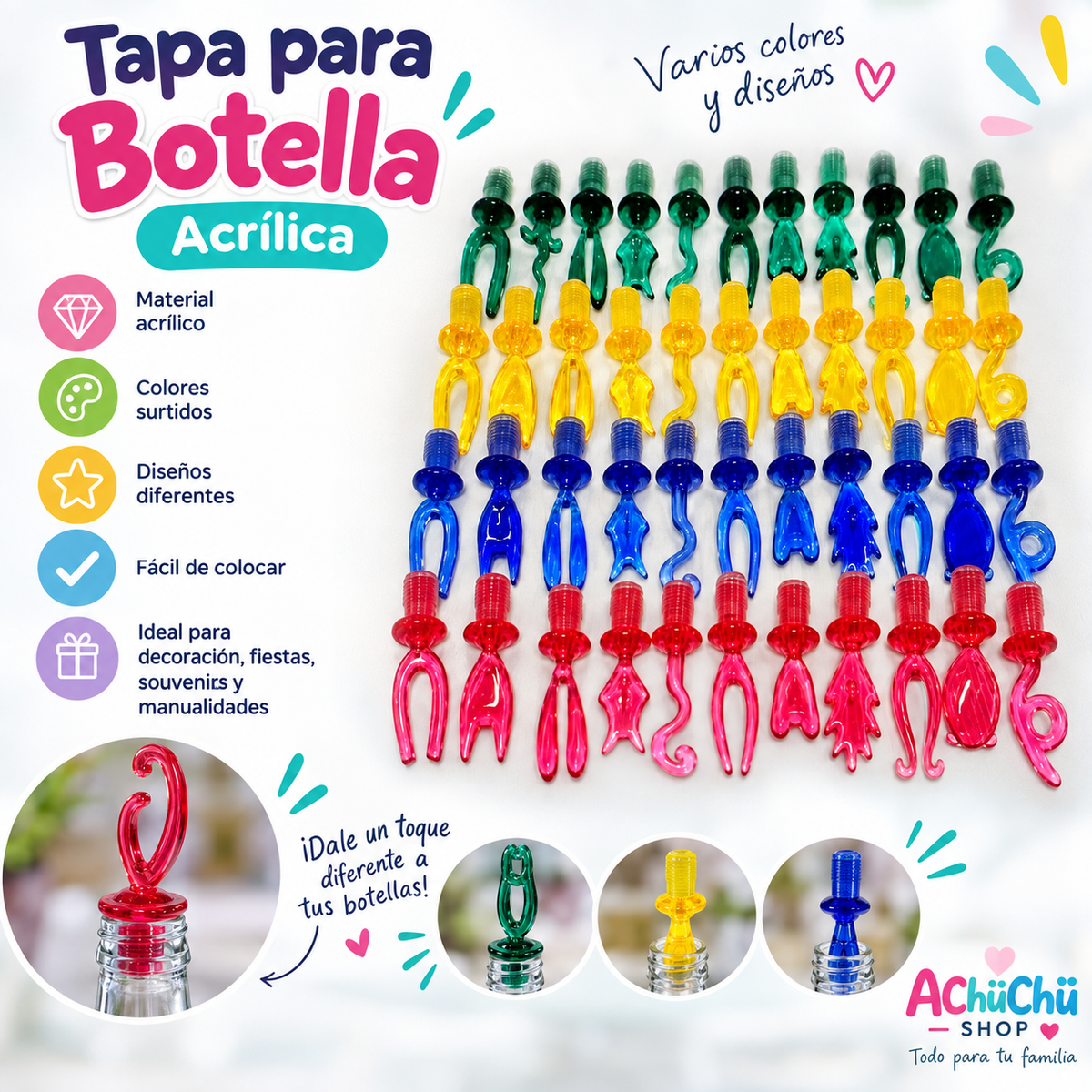 Hogar ✨Tapa para Botella Acrílica – W-3001 x 12 unidades en colores surtidos 🩵🩷💙💜❤️
Código:8168