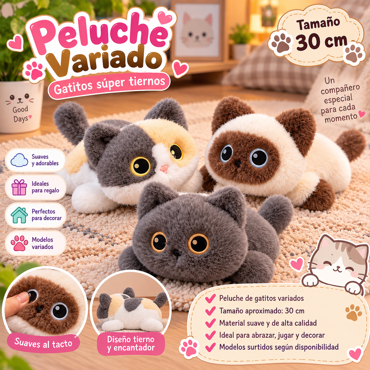 🐱 Peluche Variado – Gatitos 30 cm 💛
Código: MZ479775
