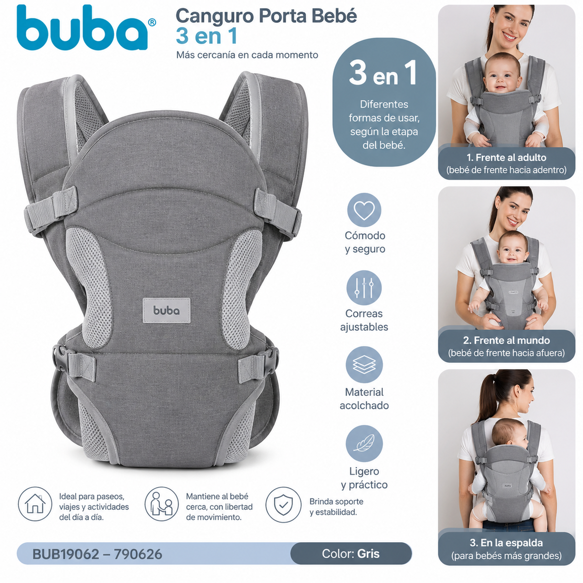 BUBA – Canguro Porta Bebé 3en1 Gris - BUB19062 – 790626 💚