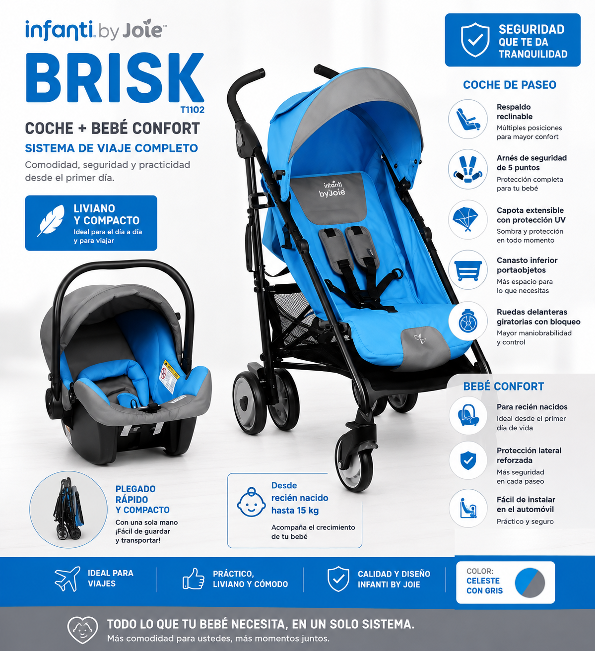 💙Infanti by Joie Carrito+Bebé Confort Brisk Celeste y Gris – T1102 ✨