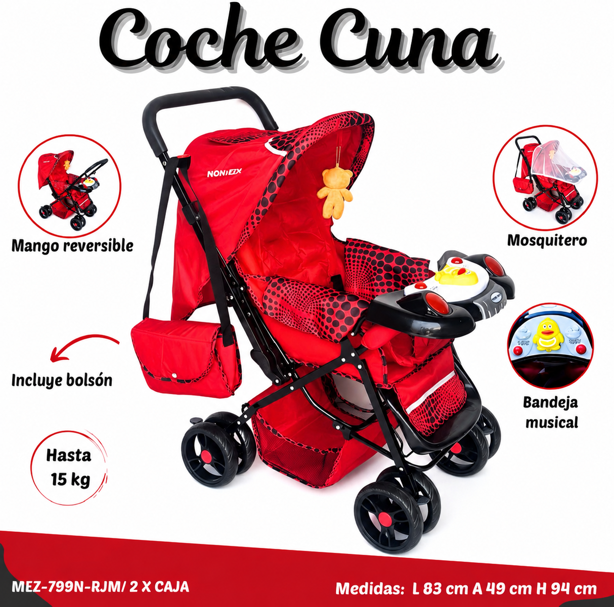 ❤️ Mom-Ezy Carrito Cuna+ Mango Reversible+Bandeja Musical+Mosquitero+Bolsón✨