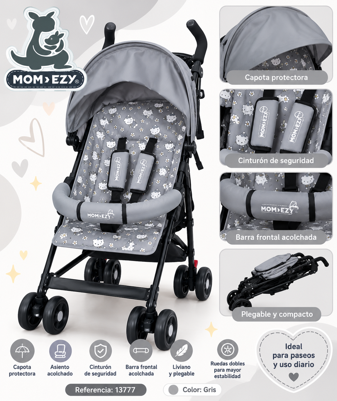 MOM>EZY Cochecito para Bebé 6-25Kg - Gris - 13777