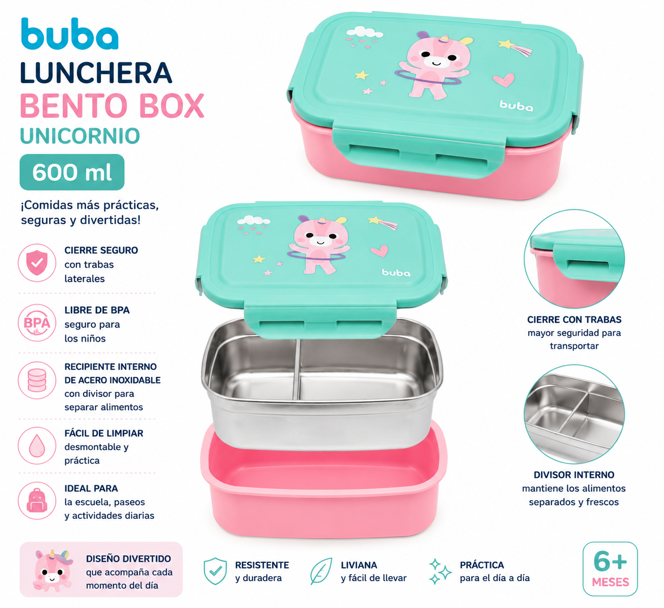 BUBA Lunchera Bento Box 600 ml – Zoo Dino, Zoo León, Zoo Unicórnio 773094 - 778778 - 773100 🦕🦁 🦄