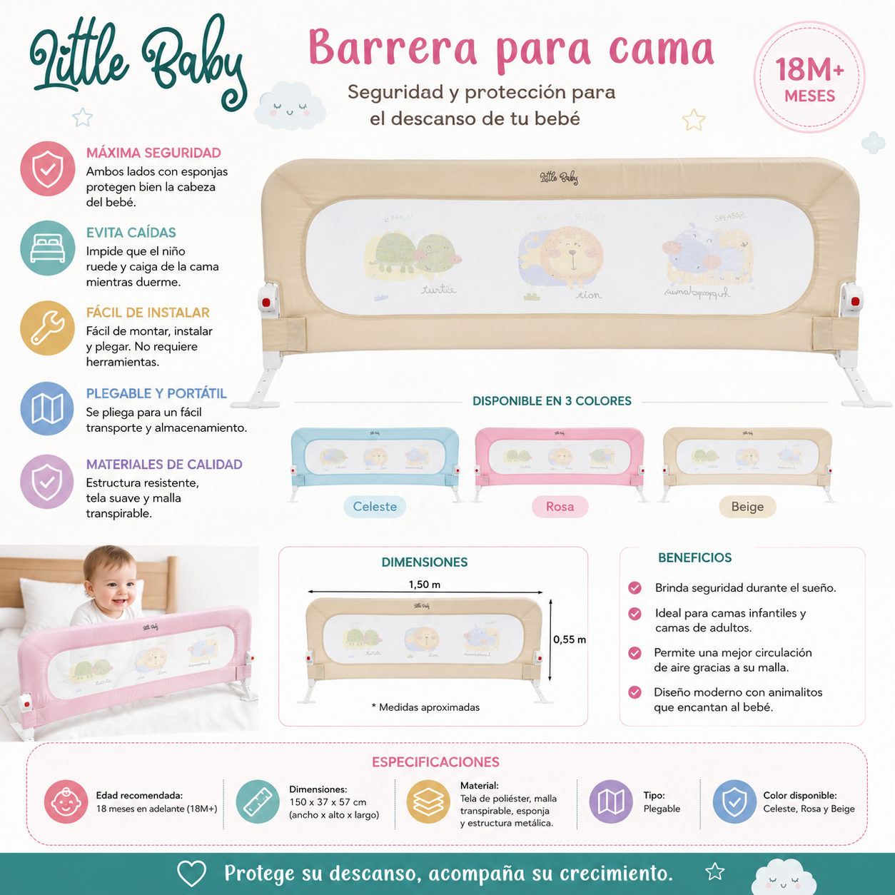 Little Baby Barrera de Seguridad Para Cama 1.5m Color Rosa BR002 🩷