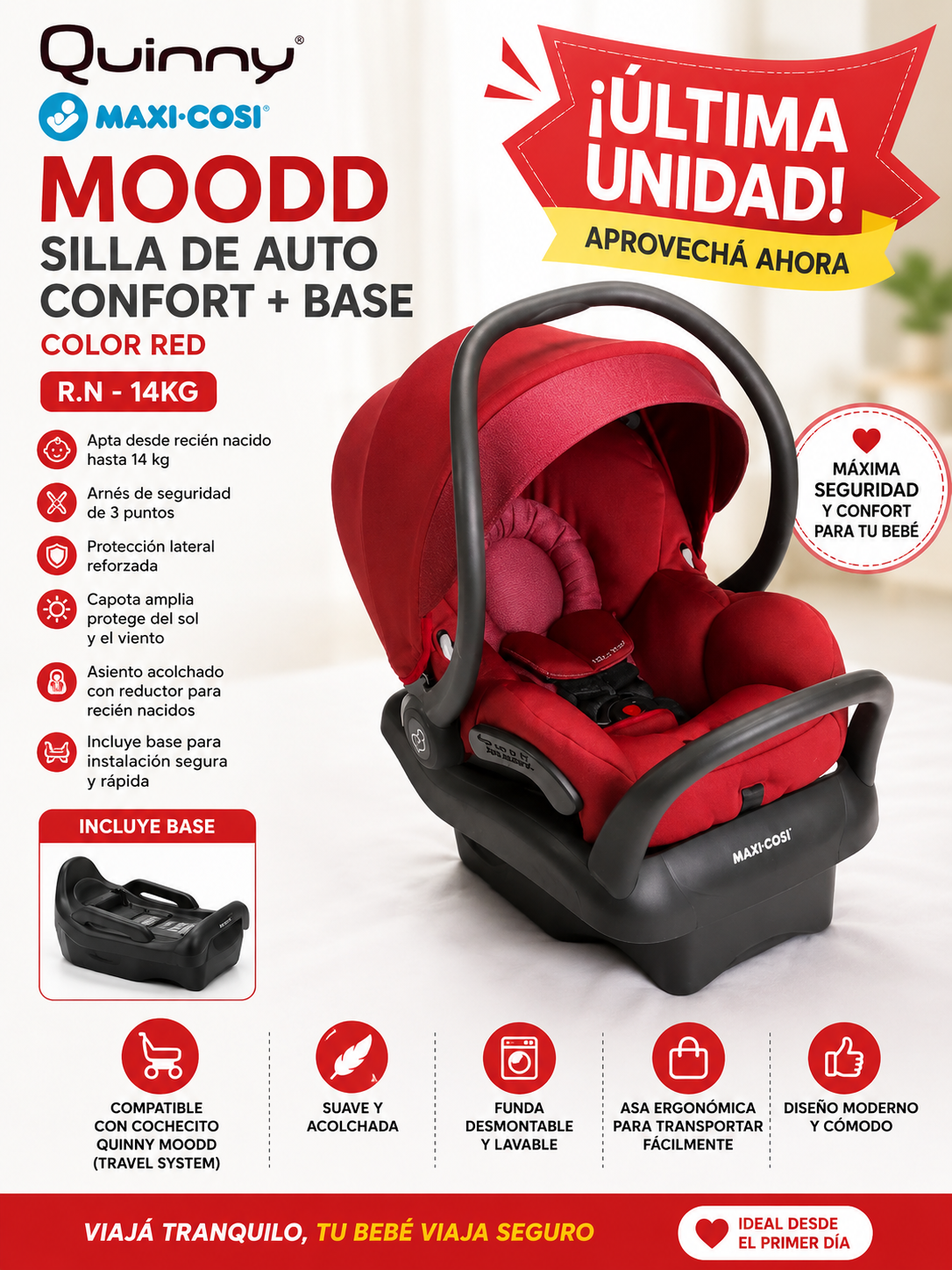 Quinny & Maxi-Cosi Moodd Silla De Auto Confort + Base Color Red R.N.-14 Kg – 220913 – 92401