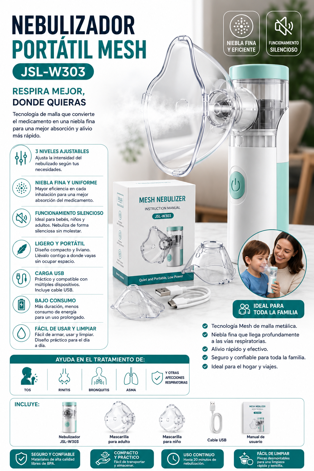 Mesh Nebulizador Portátil JSL-W303 - 449589 💚