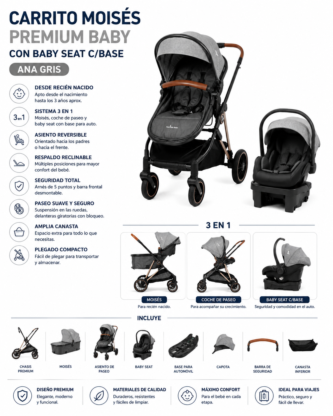 Premium Baby Carrito Moisés con Baby Seat C/Base Ana Gris/Negro PB-STR404GRBK - 209700 💚