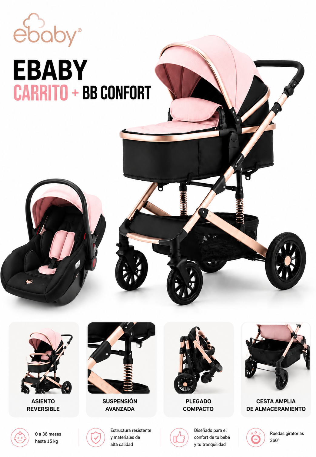 Ebaby Carrito Moisés + BB Confort Rosa 147147 🩷