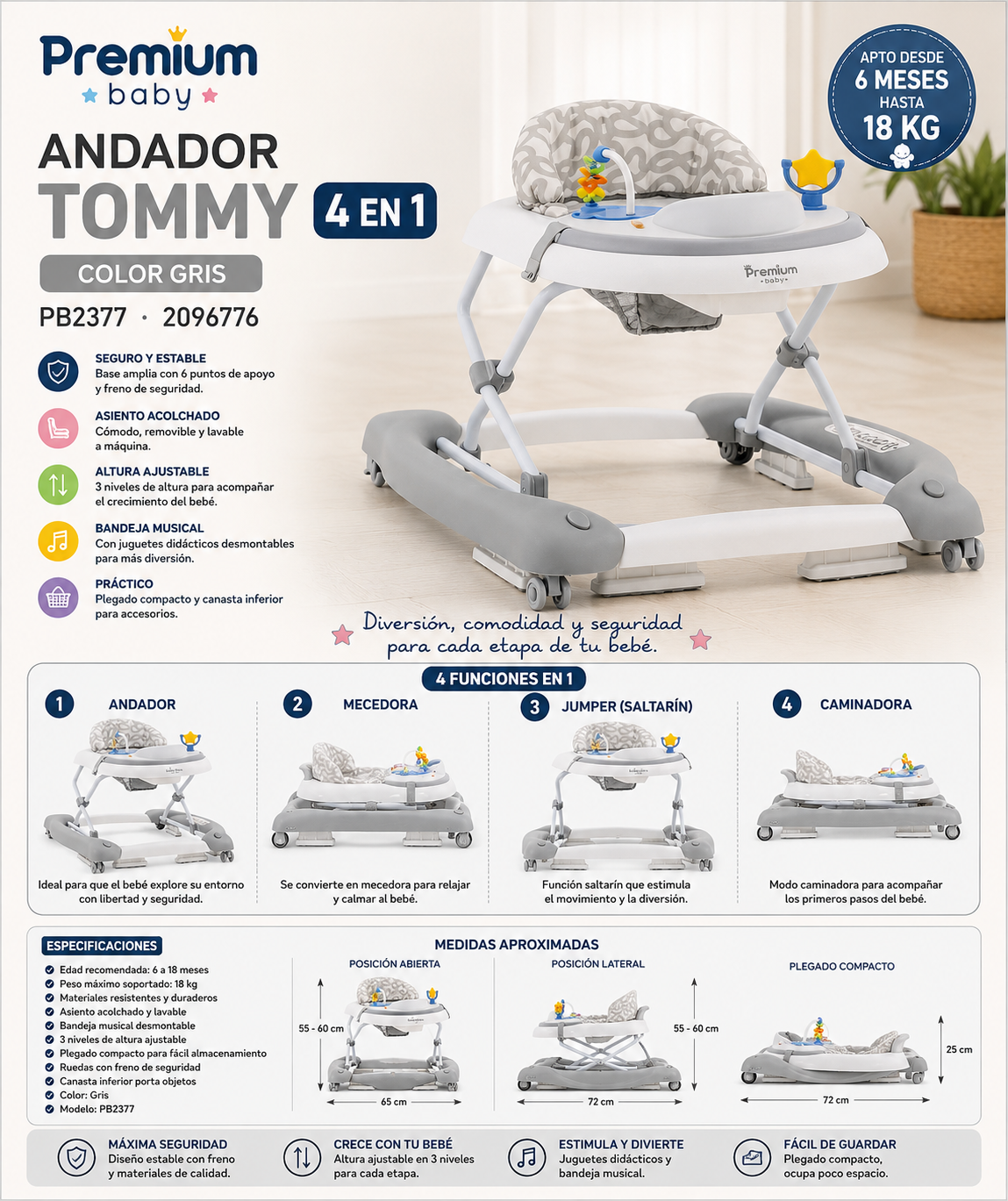 Premium Baby Andador Tommy 4en1 Color Gris - PB2377 - PB-E701GR 🩶
